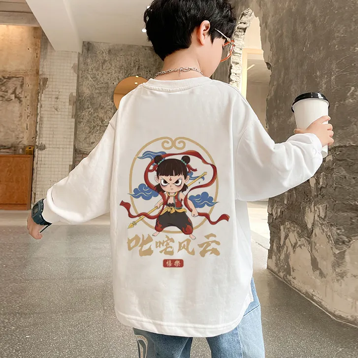2025新款哪吒魔童纯棉男童长袖T恤炸街舞洋气宽松中大儿童打底衫