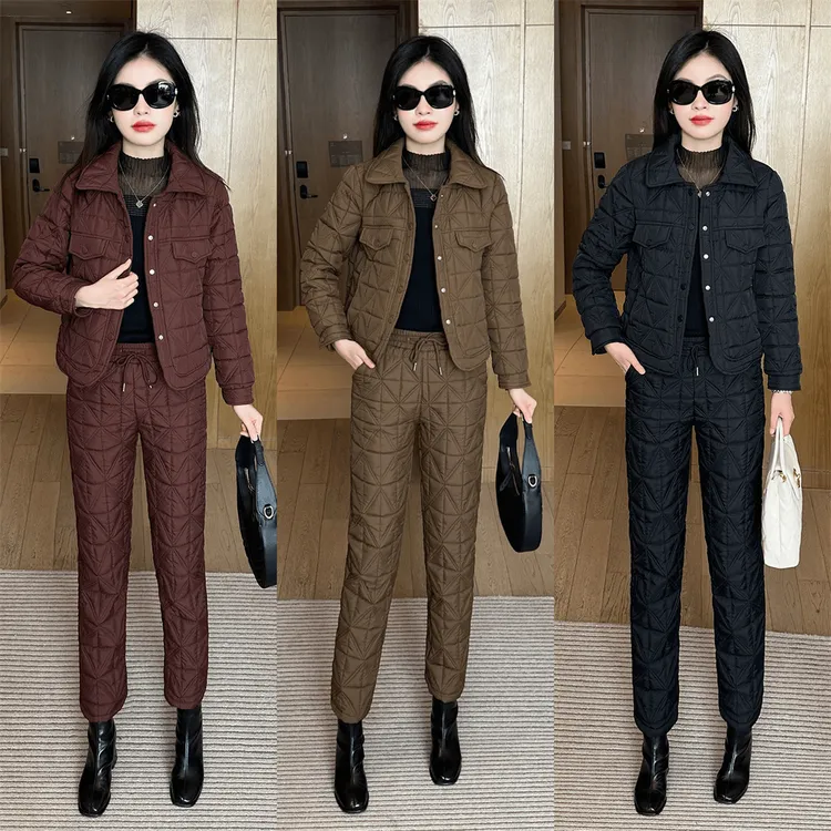 时尚套装女冬季新款洋气减龄显瘦加厚保暖夹棉外套直简棉裤两件套