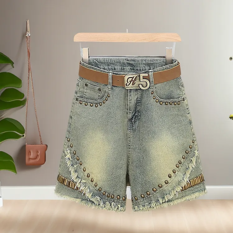 小个子复古牛仔短裤女薄款2025夏季新款高腰显瘦阔腿弹力流苏做旧