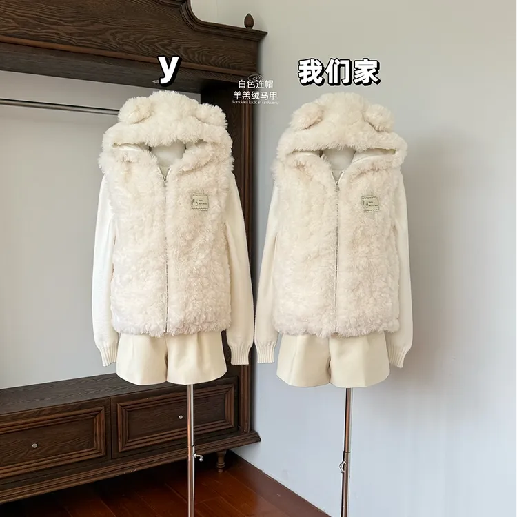 羊羔毛加厚连帽可爱小熊马甲女2025冬季新款毛毛坎肩马夹外套上衣