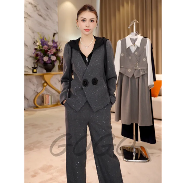 G9166休闲时尚套装女2025秋新款气质显瘦设计感上衣长裤两件套