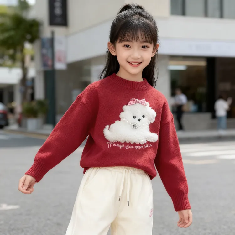 可爱毛绒小狗圆领针织毛衣女童秋冬厚款2025新款上衣