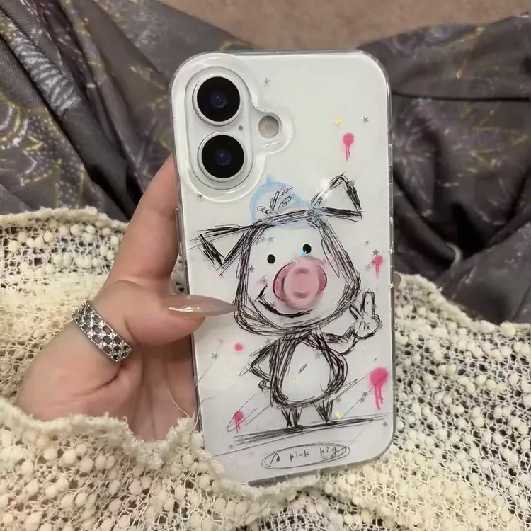 素描比耶小猪适用iPhone16苹果15pro手机壳14卡通13/12新款11xs8p