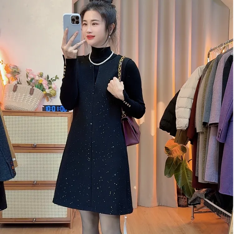 高级小香风马甲连衣裙冬季中长款A字裙女毛呢背心裙V领-518款