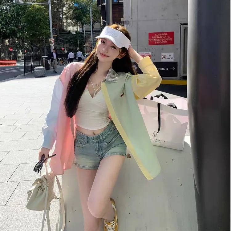 【春日调色盘】多巴胺拼色腊肠小狗刺绣高级感衬衫配显瘦高腰短裤女