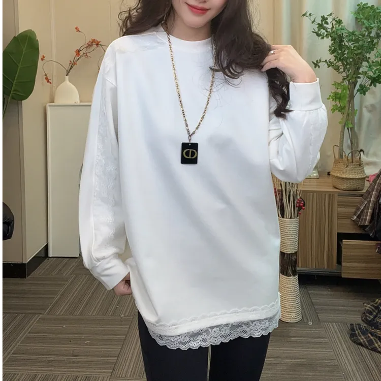 新款长袖蕾丝钩花加绒卫衣时尚百搭白色休闲宽松纯棉T恤中长款
