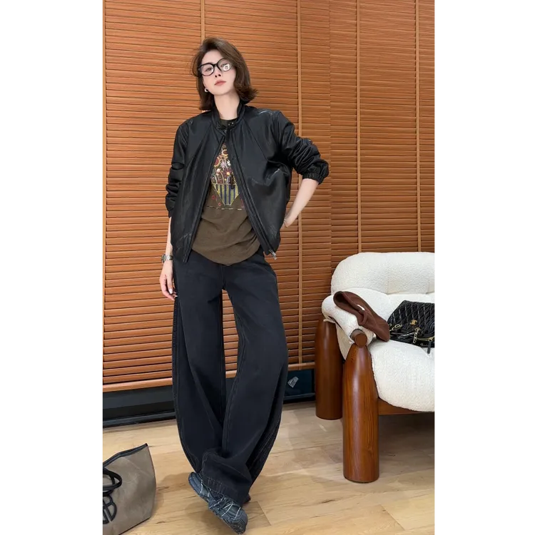 YYOUHAN2025新款黑桃A极简风显瘦百搭立领皮衣外套250shutiao女装