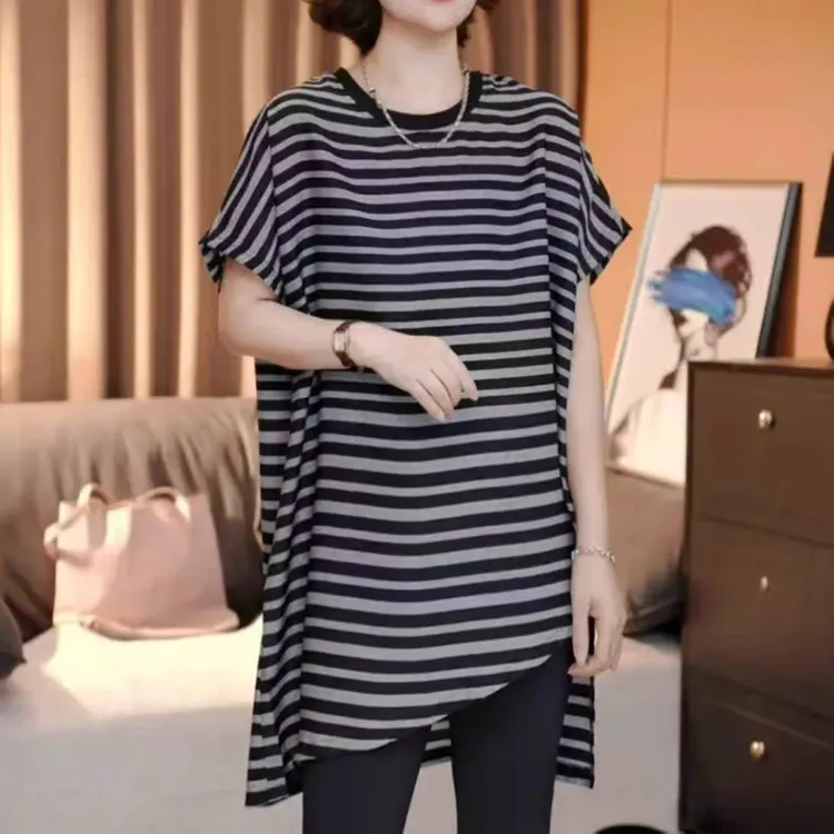 欧货时尚百搭打底条纹短袖T恤女2025夏季新款宽松遮肉洋气上衣