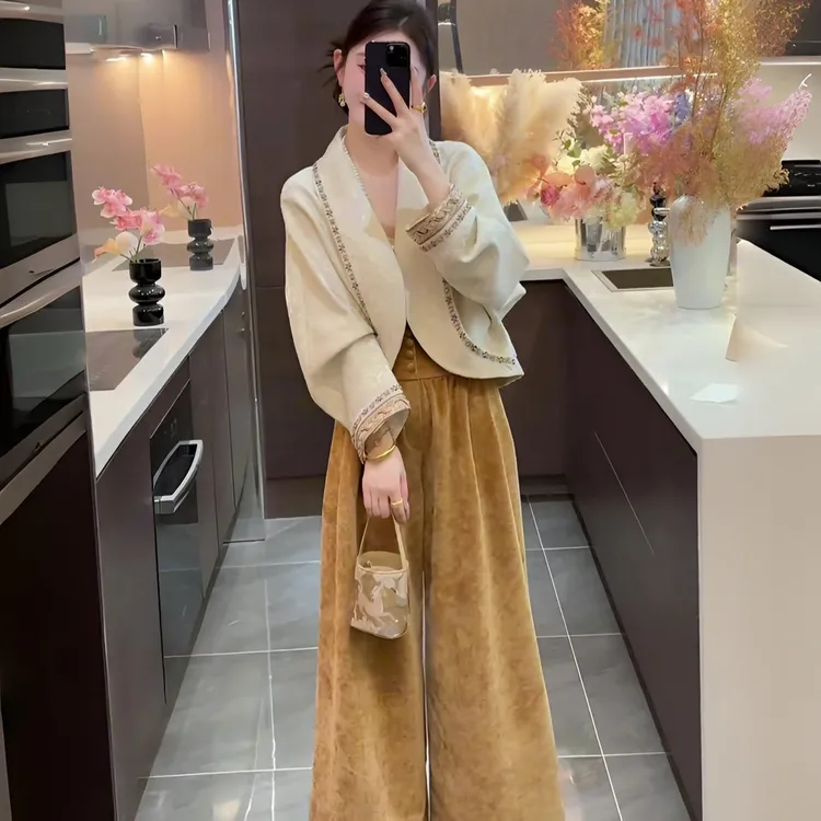 新中式提花刺绣上衣外套女2025秋季新款气质阔腿裤时尚套装两件套