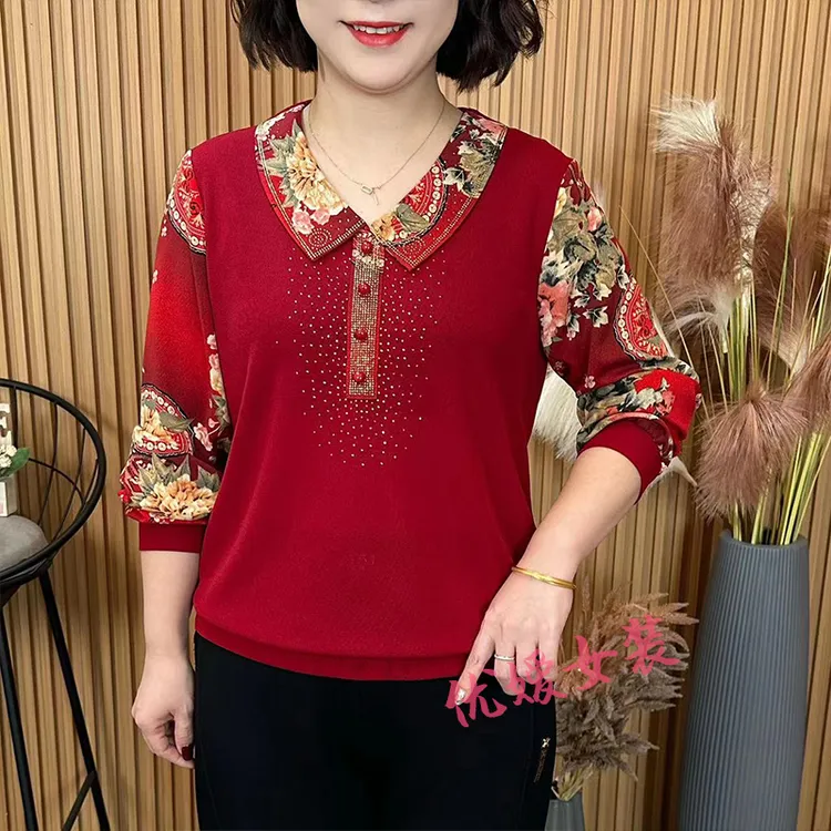 时尚阔太太气质洋气春秋季烫钻纯色拼接中老年妈妈宽松遮肉上衣女