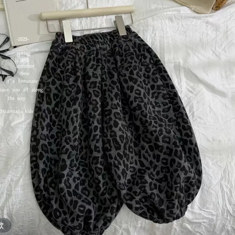 儿童加绒豹纹宽松灯笼裤男女宝宝外穿休闲保暖一体绒过冬裤子