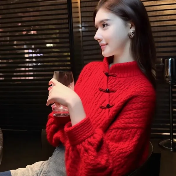 新中式红色毛衣女2025新款冬加厚保暖本命年新年圣诞漂亮针织上衣