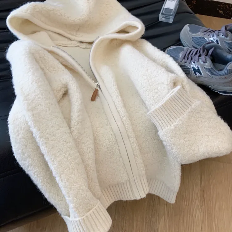 韩系简约温柔毛绒连帽外套毛衣女秋冬慵懒软糯休闲加厚开衫上衣