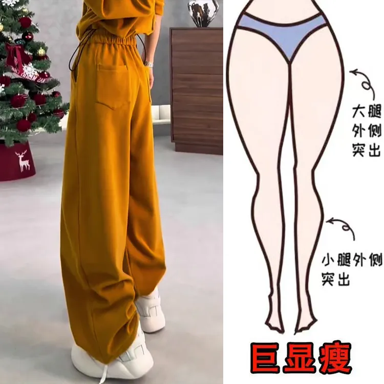 早春新款简约时尚松紧带抽绳百搭运动风遮肉显瘦高腰宽松阔腿卫裤