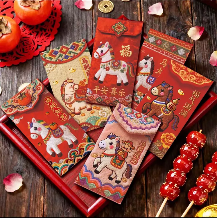 【30个-60个装】2026马年加厚立体刺绣风卡通新年利是封袋压岁红包