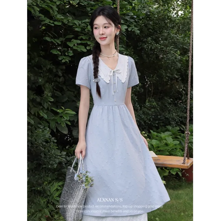 鹿向南「海盐戚风」法式少女甜美感女夏季新款拼接显瘦收腰连衣裙