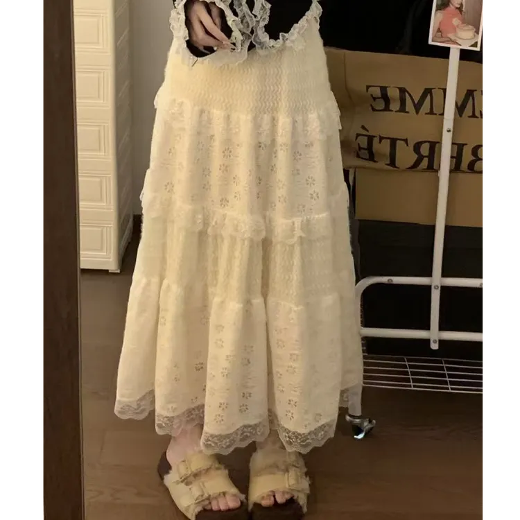 韩系蕾丝半身裙春秋款新款高腰显瘦气质纯欲设计感蛋糕裙中长裙子