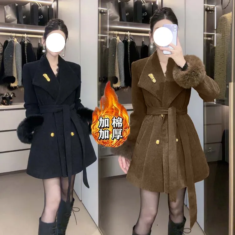 【加棉加厚】【含腰带】气质秋冬翻领外套女人味收腰显瘦TX0342