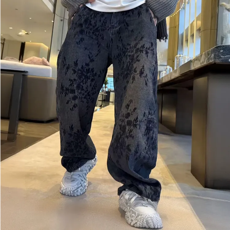 秋冬提花植绒刺绣复古穿搭牛仔裤男款时尚潮牌弯刀加绒休闲香蕉裤