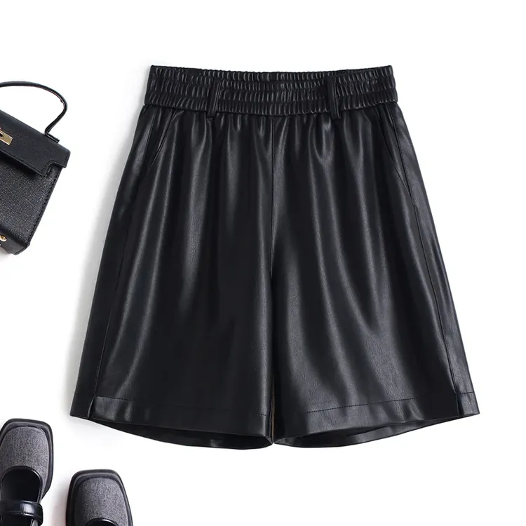 春秋新款2025海宁皮短裤女高腰宽松阔腿裤纯皮松紧腰靴裤HR-2381#