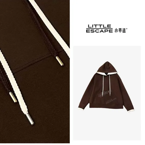 小乖逃咖色卫衣横口袋连帽白色双帽抽绳潮流不加绒百搭款M9677