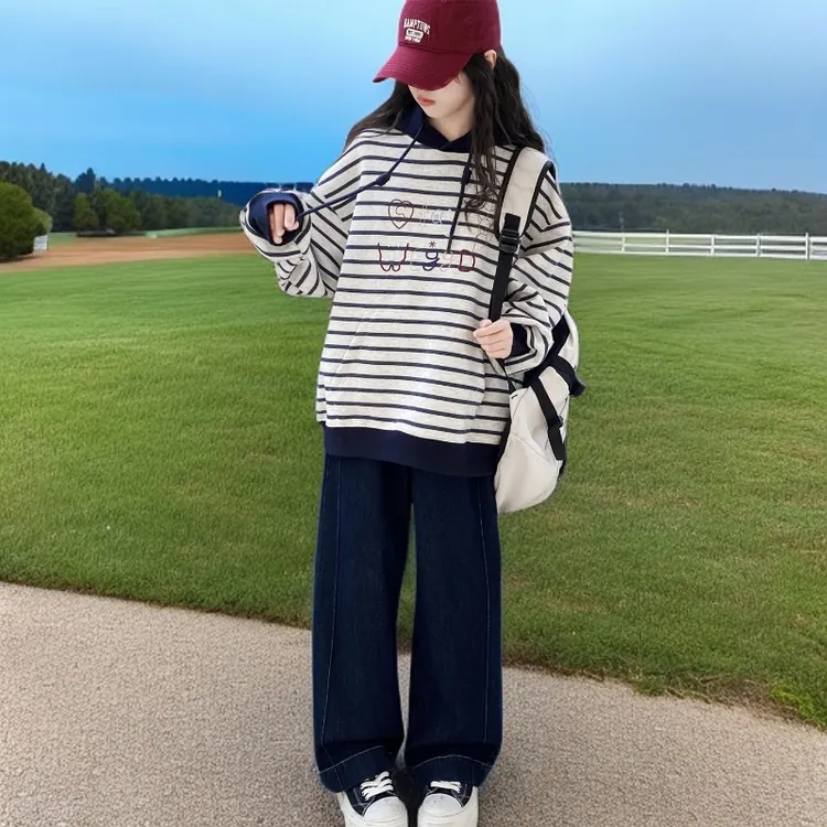 女童2025新款韩系时尚休闲条纹卫衣宽松阔腿棉布休闲裤两件套甜酷