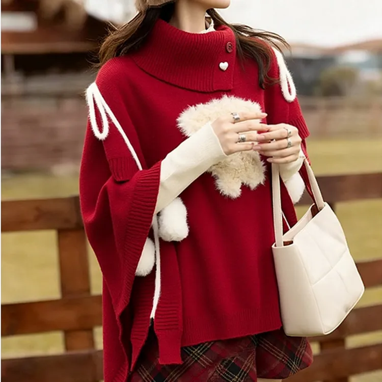 红色毛绒小狗高领斗篷毛衣女2025秋冬季新年圣诞风设计感针织上衣