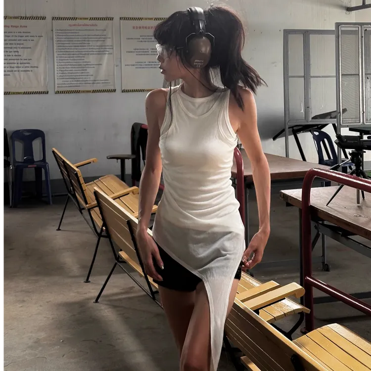 2025新款时尚打底叠穿印象白色假两件吊带背心女不规则修身上衣