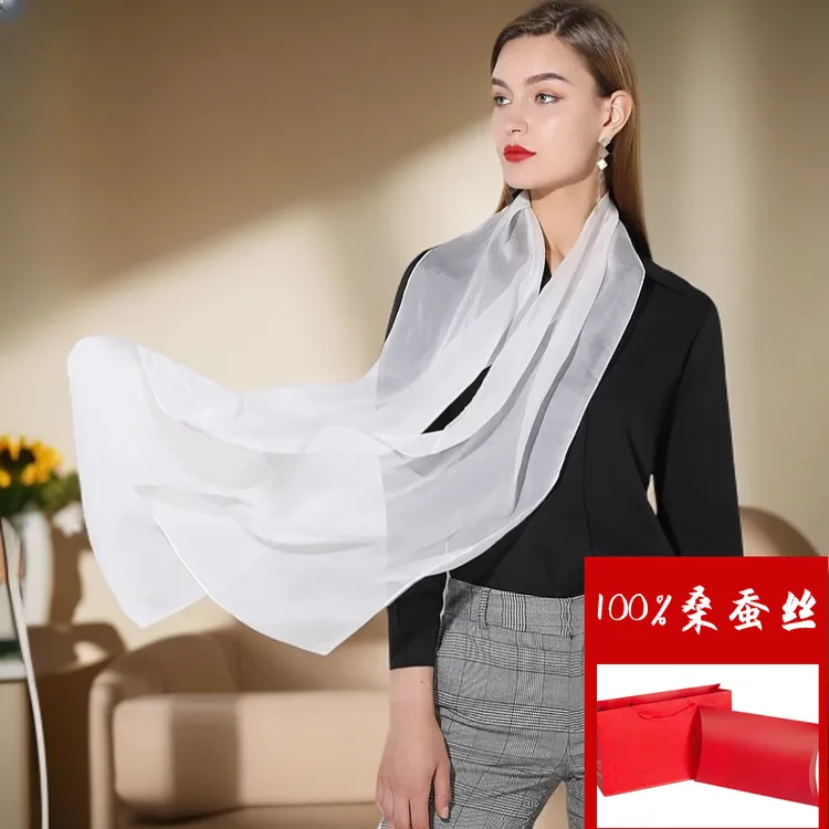 品牌高端100%桑蚕丝180*30cm真丝长条白色丝巾薄款春秋纯色纱巾女