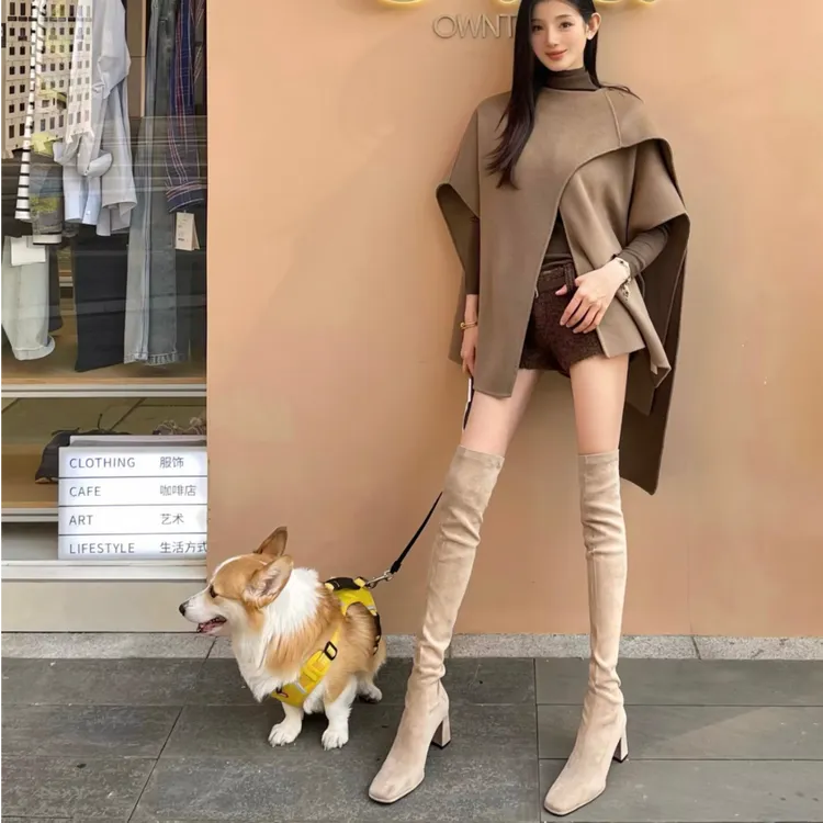 过膝长靴女2025年秋冬新款方头高跟瘦瘦靴高筒弹力绒面粗跟骑士靴