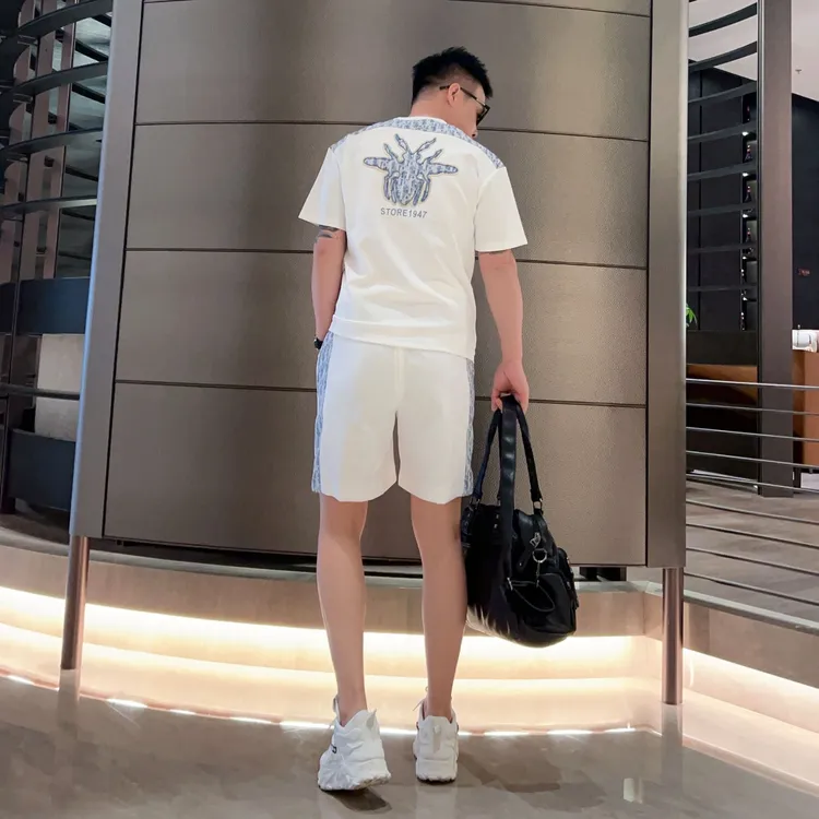 25男士夏季新款休闲套装小众轻奢设计师小蜜蜂贴布绣拼接圆领套装