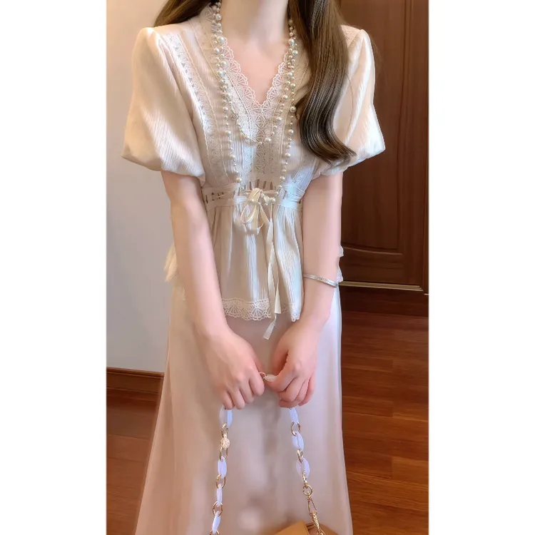 夏季设计感V领蕾丝花边系带掐腰短袖上衣&半身裙两件套装裙9594