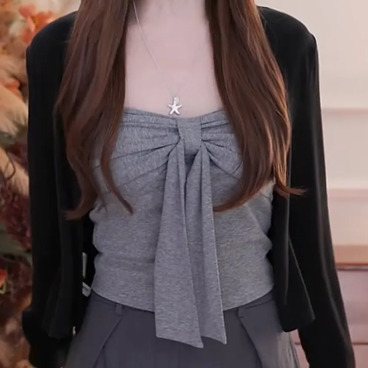 黑灰色短款针织长袖t恤新款纯欲薄款修身开衫C5802