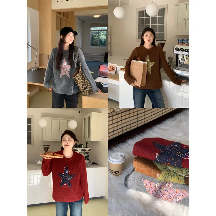 裂渡宣宣【圣诞战衣】星星提花刺绣上衣女冬百搭显瘦毛衣ZY510A46