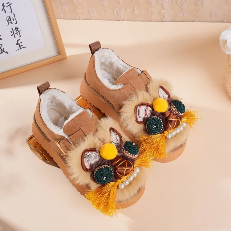 2025冬季新款虎头鞋勃肯厚底真兔毛保暖棉鞋厚底鞋手工鞋加绒女鞋