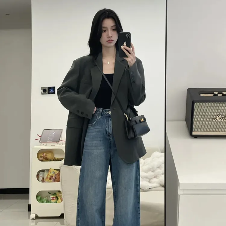 高腰直筒牛仔裤女春季2025新款慵懒松弛感宽松显瘦复古拖地阔腿裤