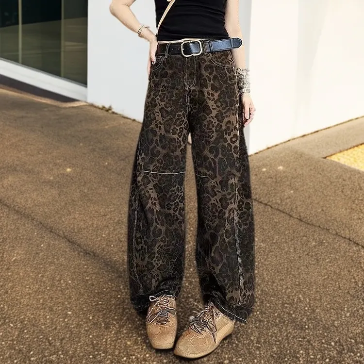 豹纹宽腿拖地裤2024秋季新款牛仔长裤女高腰显瘦工装弯刀裤高个子