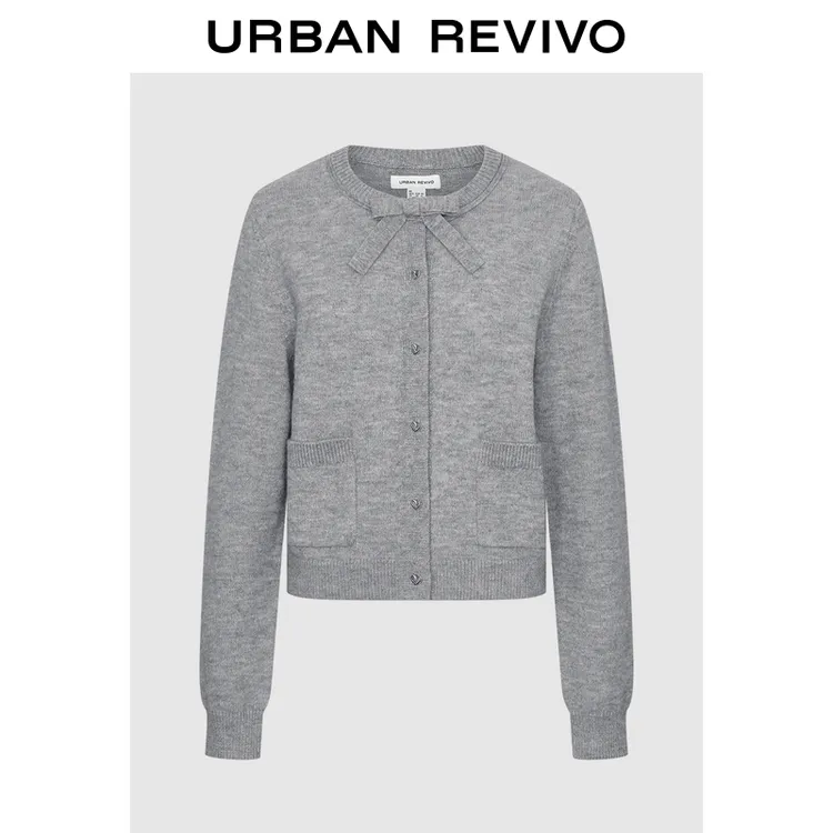 UR2026春季新款女装休闲格雷系蝴蝶结口袋针织开衫UYY960004