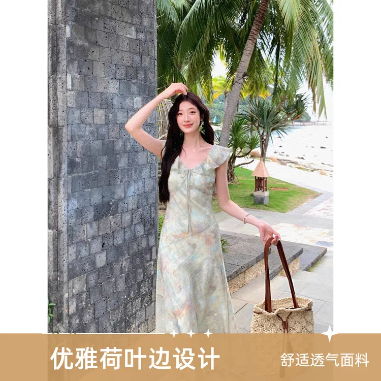 法式优雅洋气碎花连衣裙女夏季新款高腰显瘦系带设计感气质长裙子