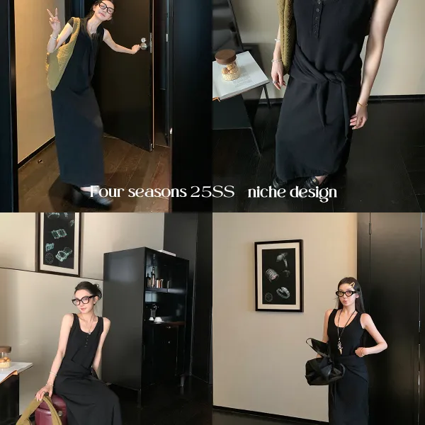 复古大码针织无袖中长款气质秋季少女法式长裙连衣裙宽松过膝百搭