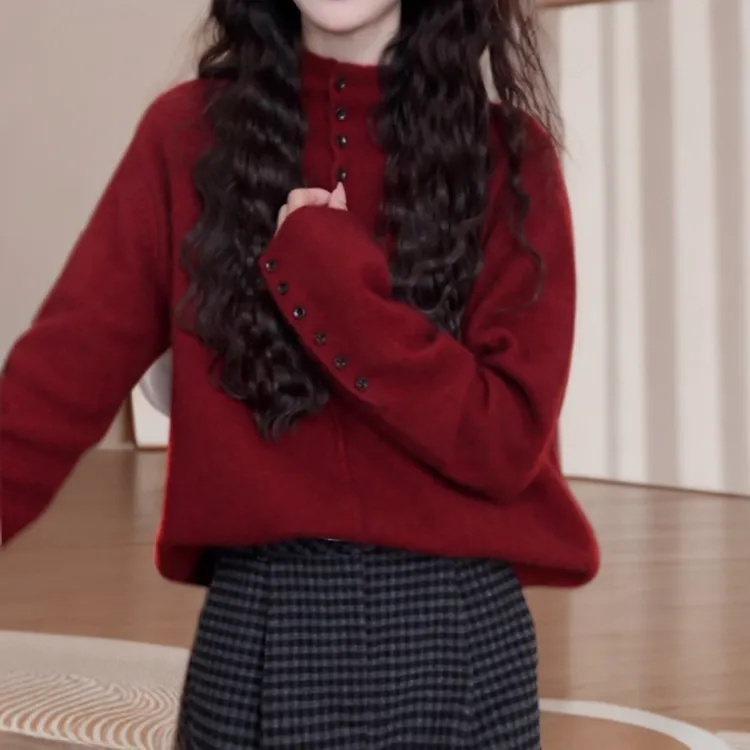 【多扣立领】巨洋气 宽松百搭秋冬纯色半高领纽扣毛衣打底针织衫