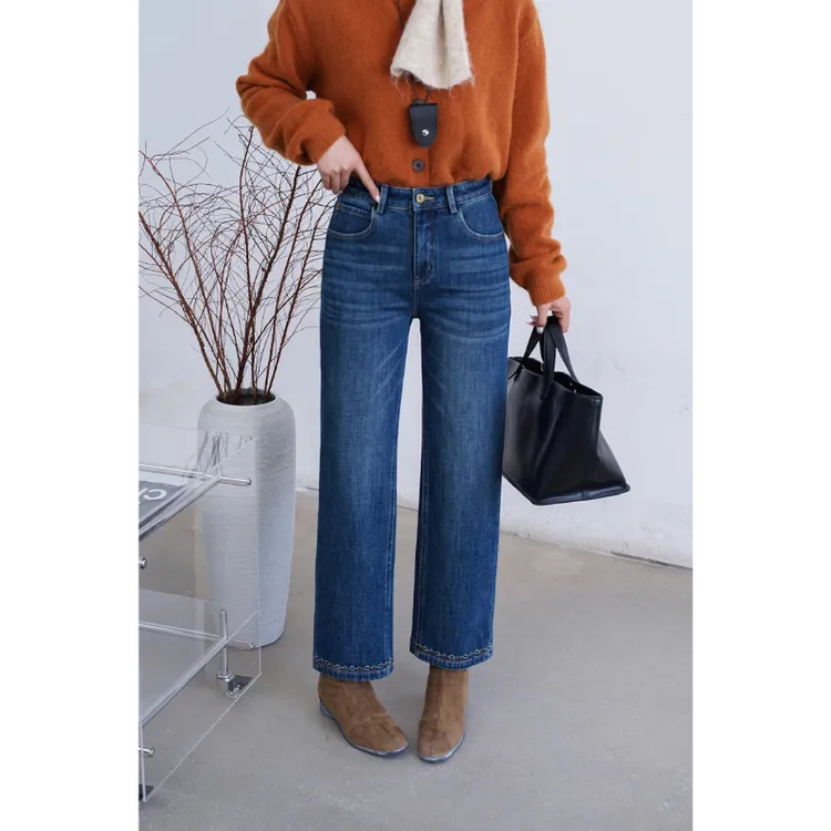 微弹休闲蓝色九分高腰休闲牛仔裤直筒#13372