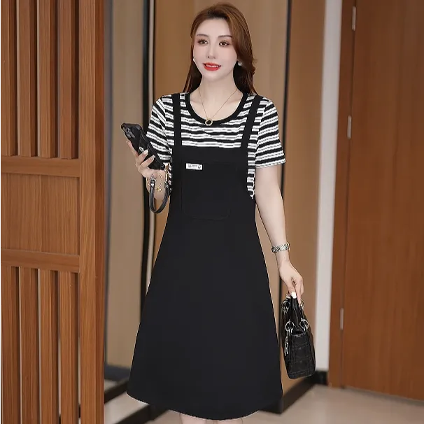 休闲显瘦假两件连衣裙夏季拼接纯色裙子条纹韩版圆领时尚减龄气质