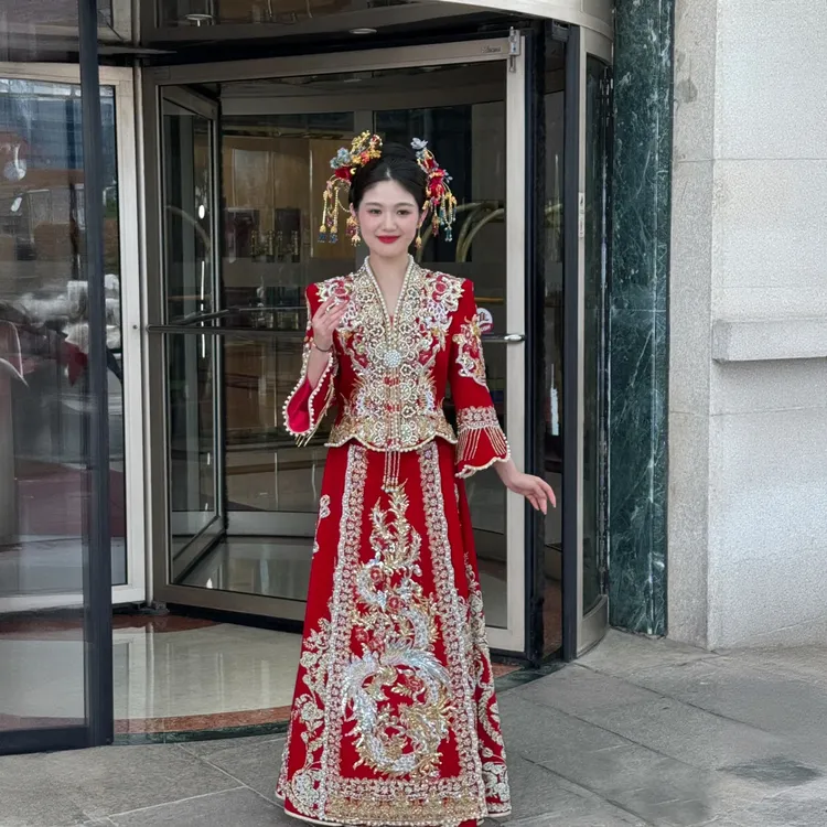 丝绒秀禾服婚服2025新款重工高级感V领敬酒服高端出嫁礼服出阁服