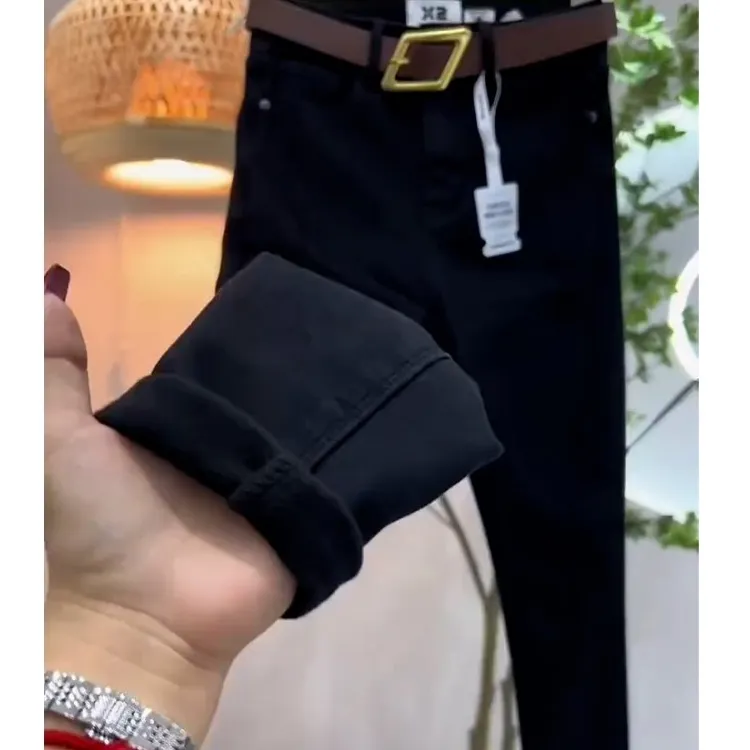 黑色高腰弹力小脚牛仔裤女秋冬加绒加厚大码修身显瘦九分铅笔裤子