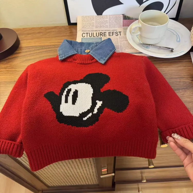 超好看假两件儿童套头毛衣韩版时尚米奇内搭翻领卡通毛衣红色