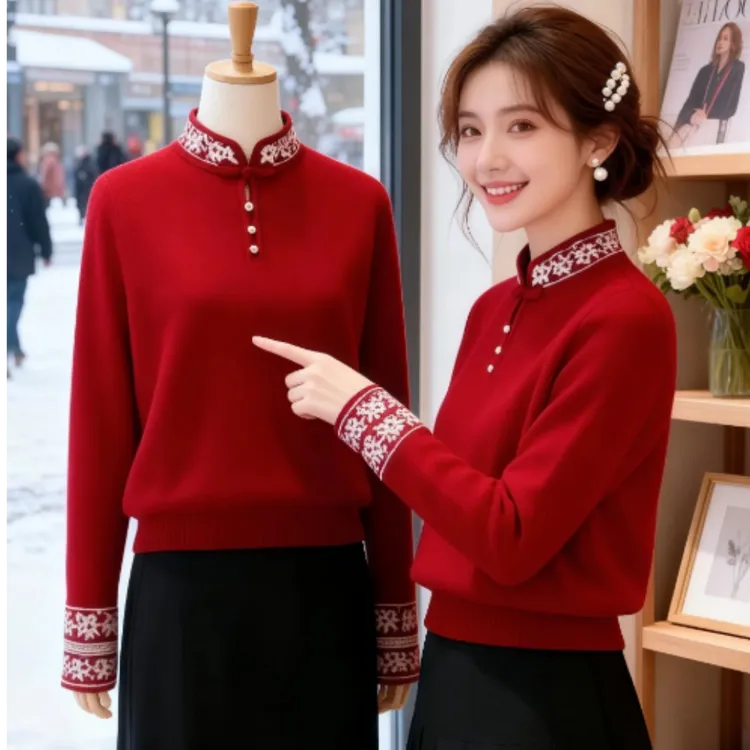 新年风穿搭立领软糯针织衫设计感新年红色穿搭宽松慵懒风大码毛衣