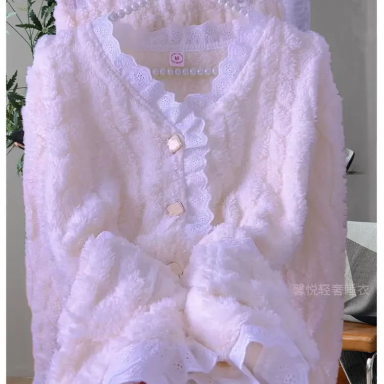 宽松款珊瑚绒保暖睡衣女款纯色冬季居家服女套装长袖家居服外穿