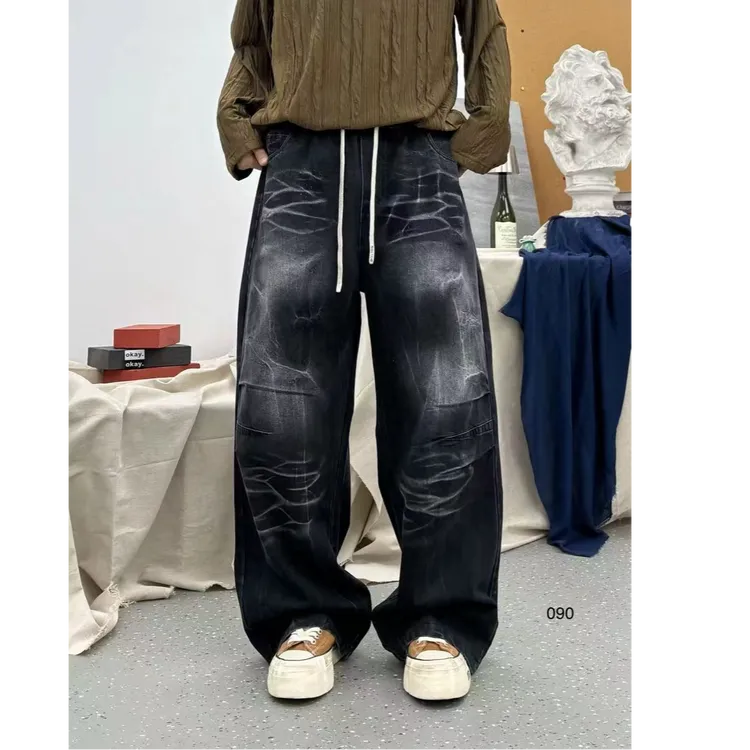 090潮牌男女秋季高品质重磅水洗扎染宽松弯刀牛仔裤