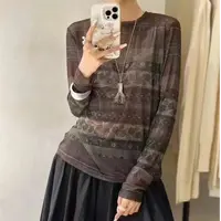 【锦衣服饰】WZ 9221欧货印花圆领长袖网纱打底衫